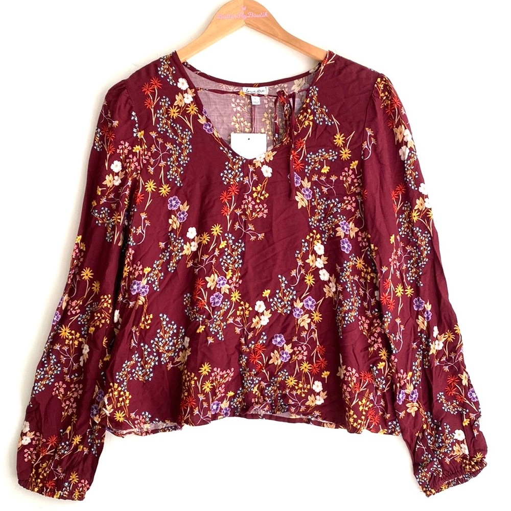 Love, fire woman’s merlot floral‎ Long-sleeve top, Size L, NWT